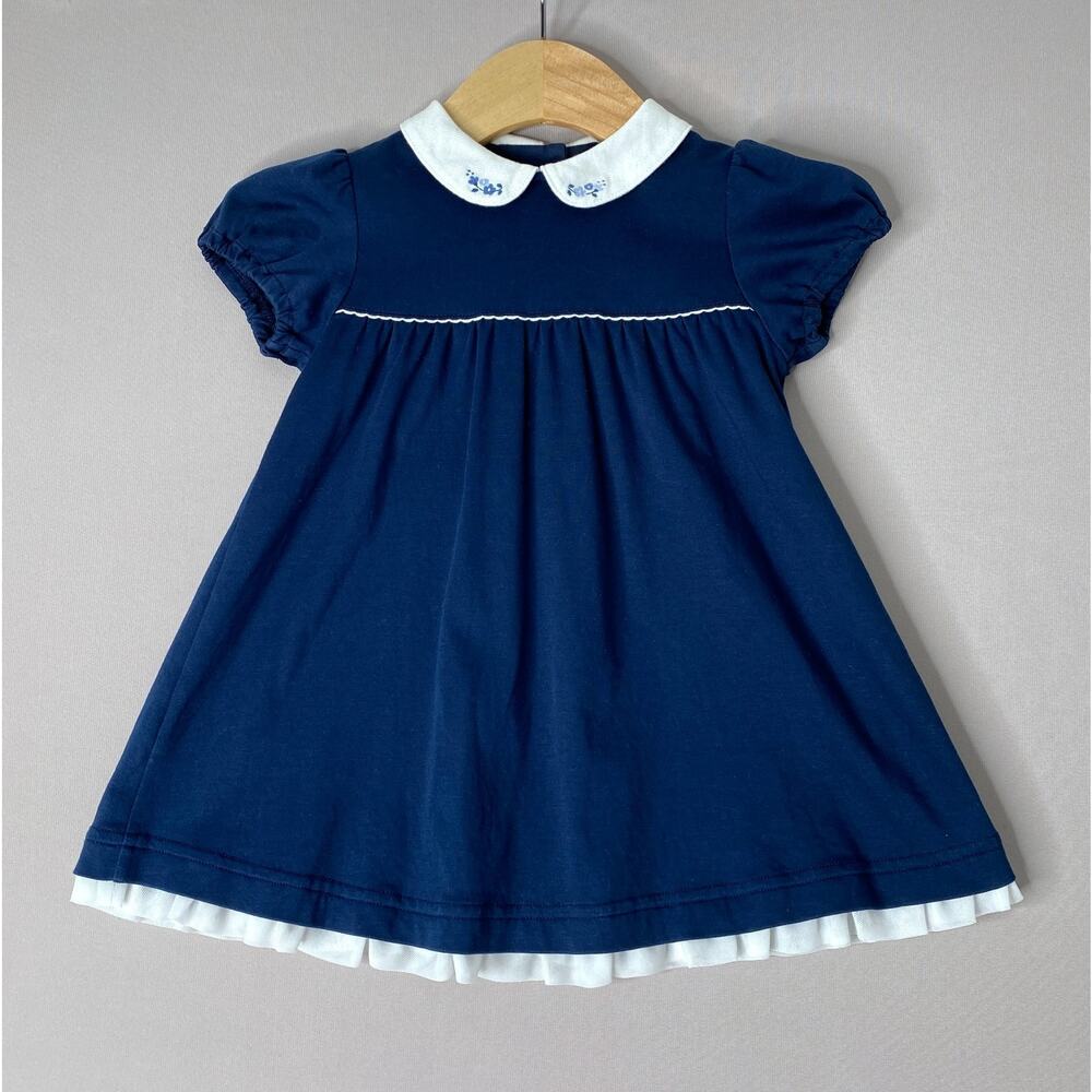Familiar Navy Blue Floral Embroidered Collar Cotton Knit Dress 80 cm/~12 Mo